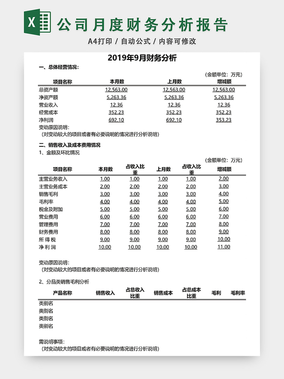 公司月度财务分析报告表格EXCEL模板