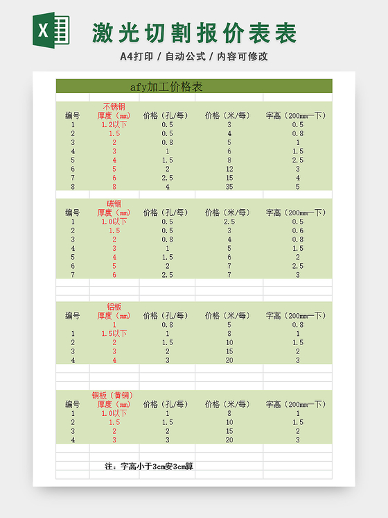 激光切割报价表