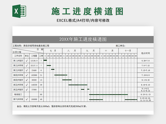 灰色施工进度横道图excel模板