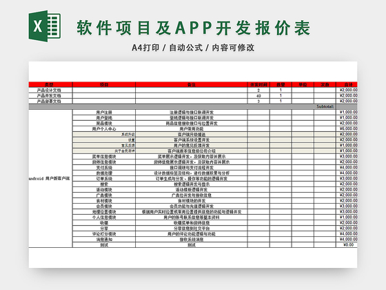 软件项目及APP开发报价表