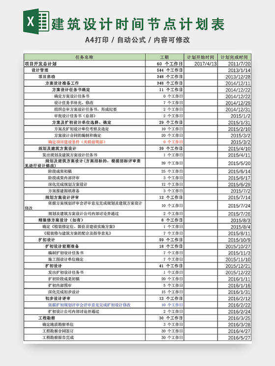 建筑设计时间节点计划表EXCEL模板