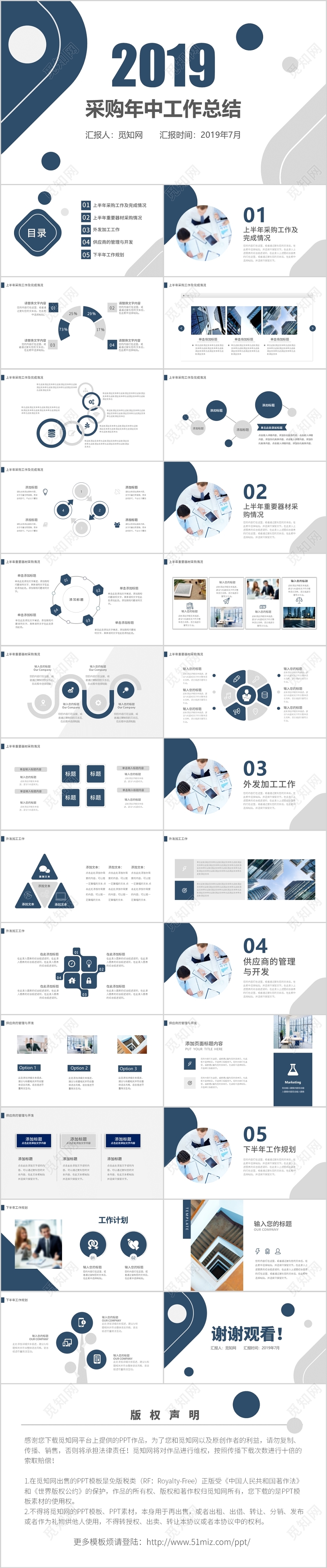 蓝色大气商务采购人员年中总结工作总结工作计划PPT模板