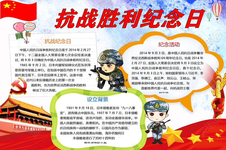 卡通抗战胜利纪念日设立背景及活动小报word模板