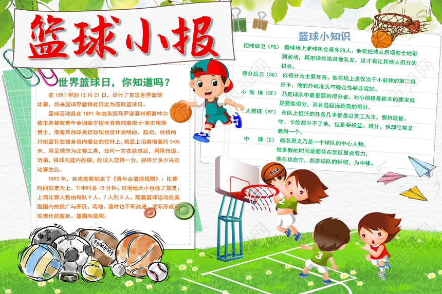 绿色可爱篮球小报手抄报word模板