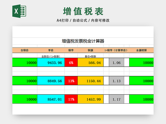 增值税发票税金计算表