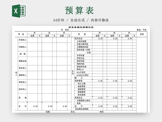 简约公司资金预算表资金计划表