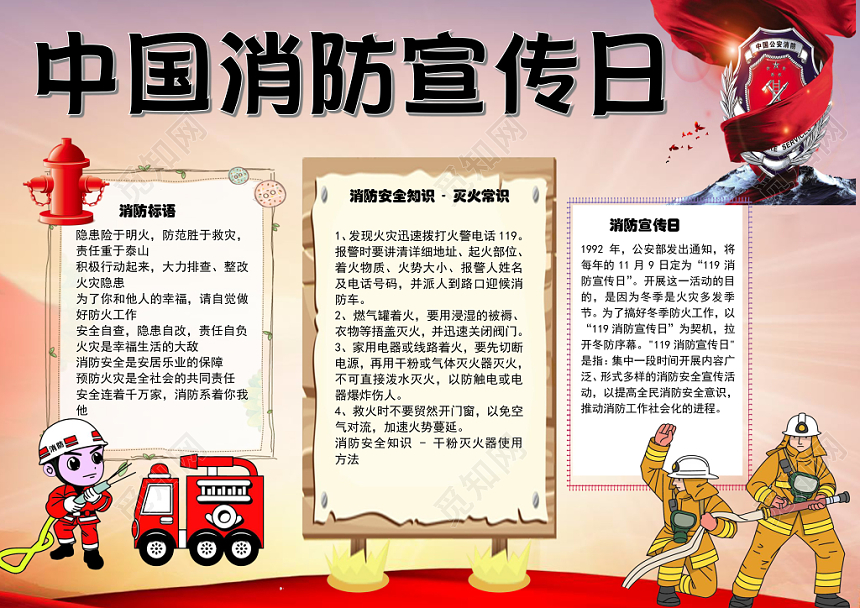 粉红色卡通可爱儿童119消防宣传日消防安全手抄报word模板