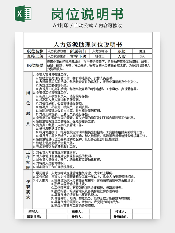 人力资源助理岗位说明书