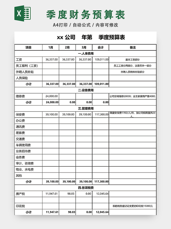 季度财务预算表EXCEL模板