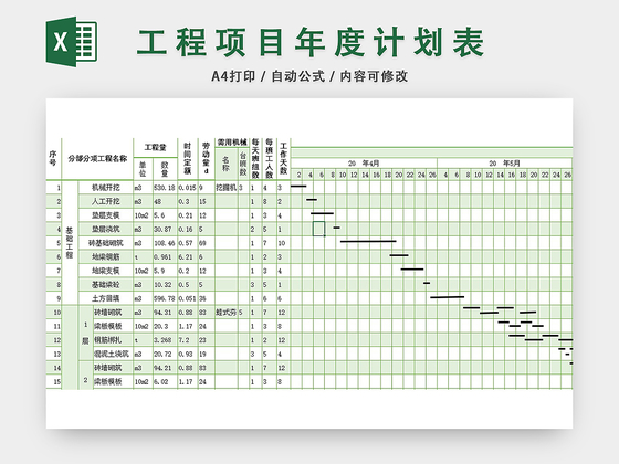 工程项目年度计划表横道施工图表格EXCEL模板