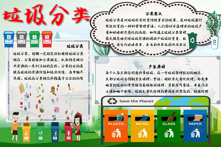 彩色卡通儿童垃圾分类宣传手抄报word模板