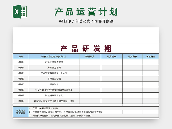 产品运营计划表EXCEL模板