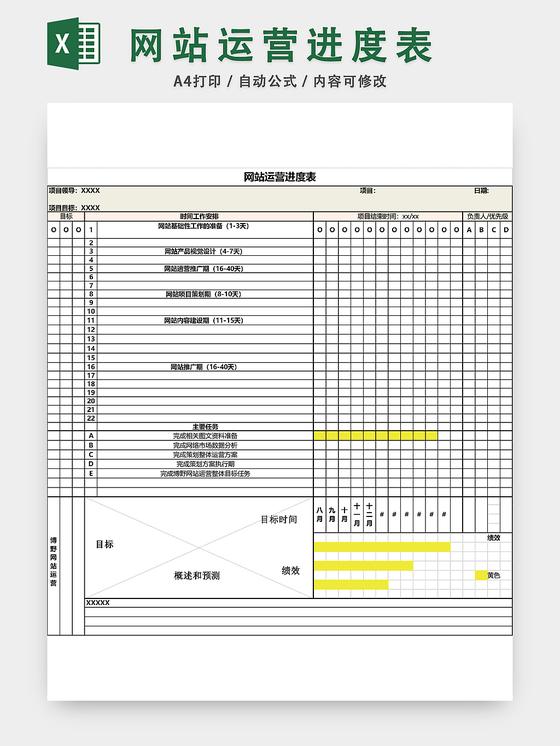 网站运营进度表计划表EXCEL模板