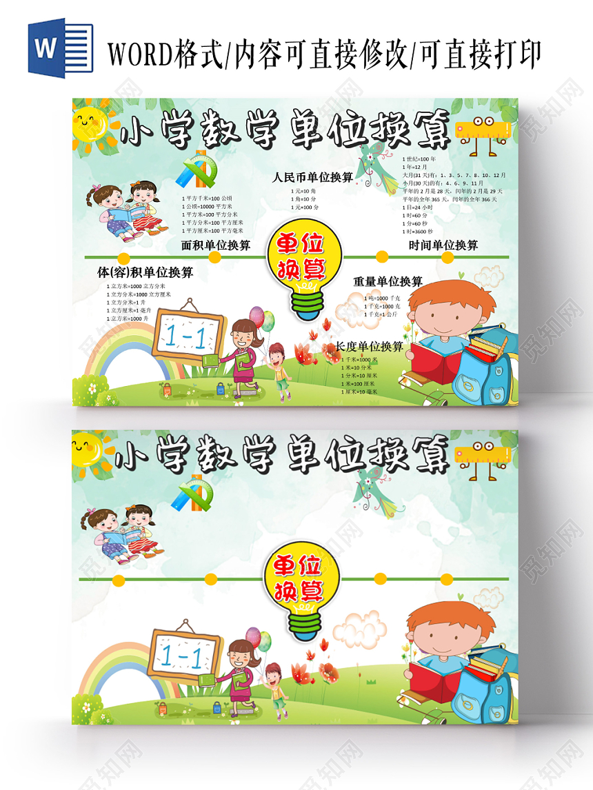 绿色卡通小学数学单位换算手抄报word模板