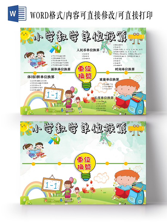 绿色卡通小学数学单位换算手抄报word模板