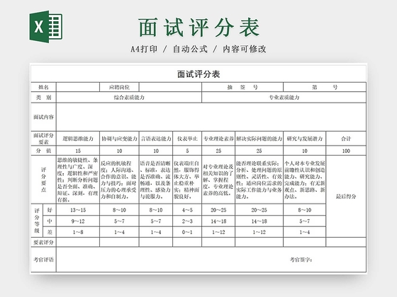 黑白简约招聘人员面试评分表信息登记表