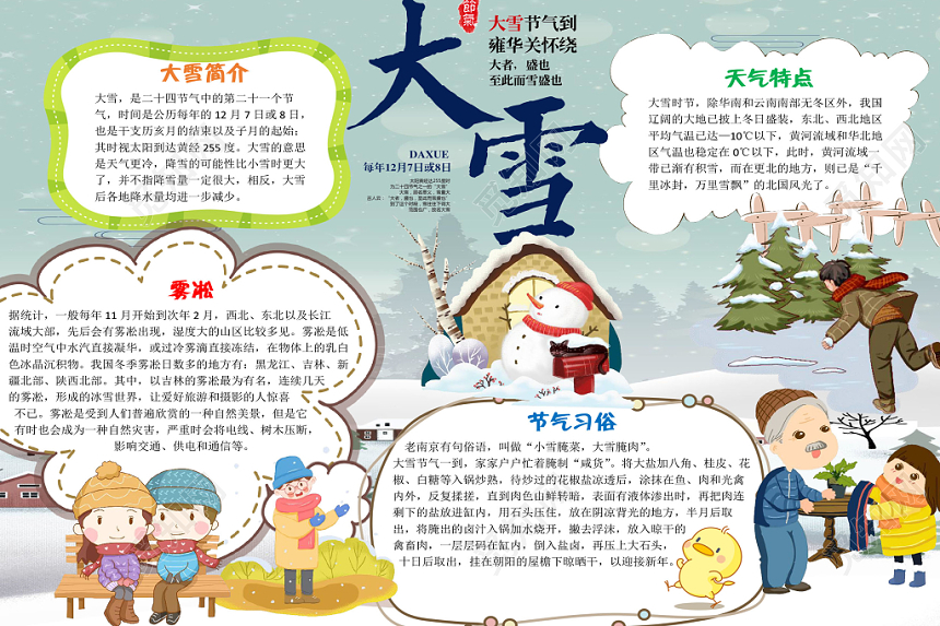 卡通可爱风二十四节气之大雪手抄报