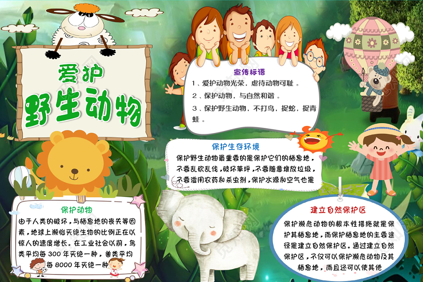 绿色卡通爱护野生动物宣传手抄报word模板