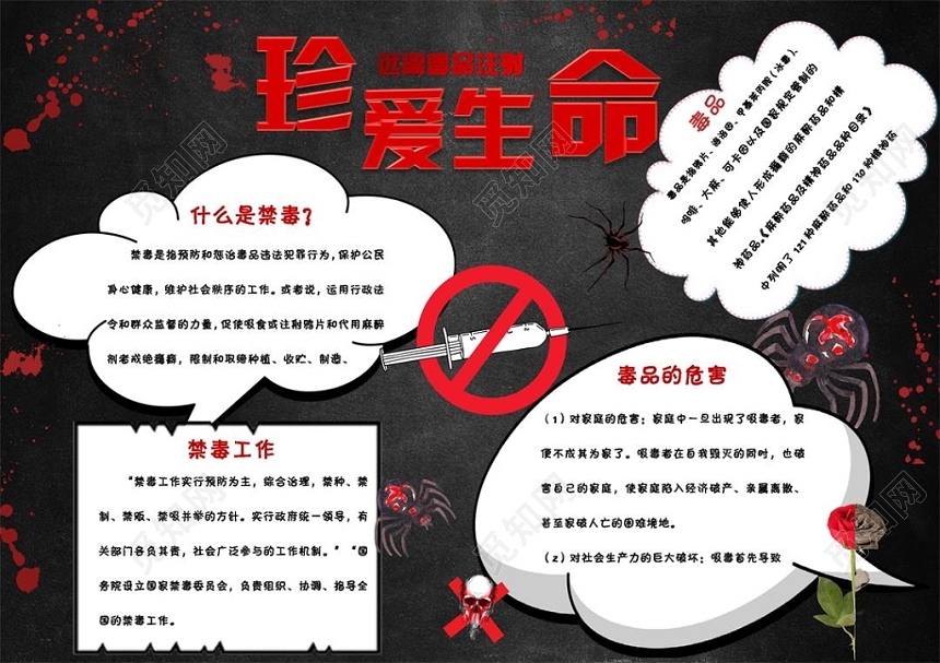 黑色背景禁毒宣传手抄报珍爱生命远离毒品注射手抄报Word模板