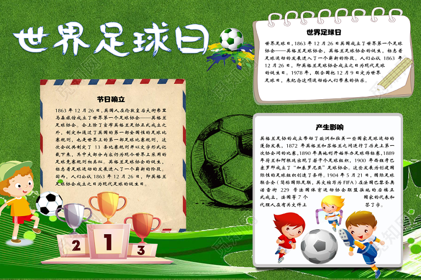 绿色草地卡通世界足球日足球小报手抄报Word模板