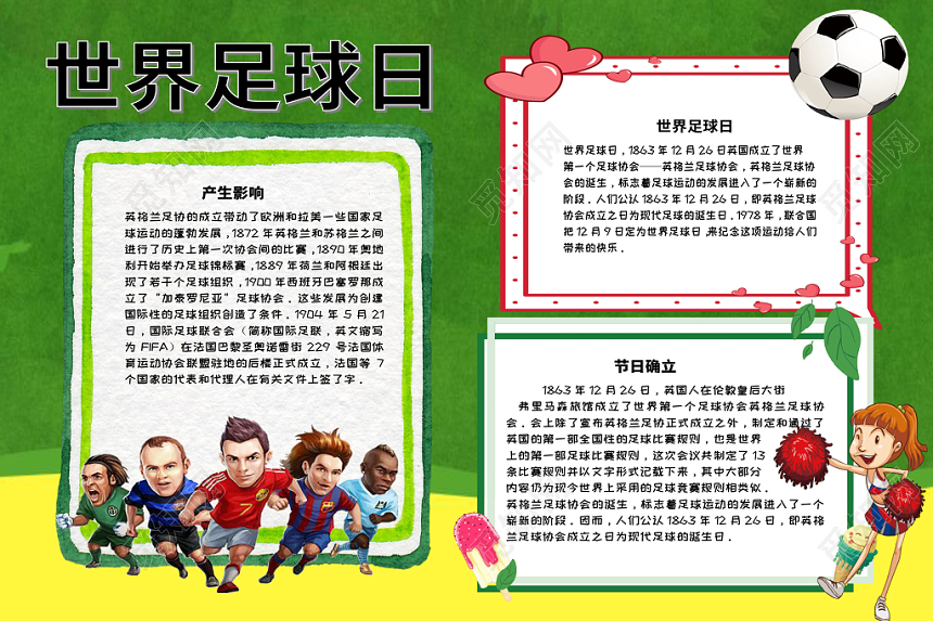 绿色世界足球日足球小报word手抄报模板