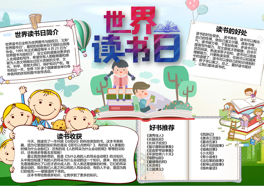 小学生卡通世界读书日读书小报word手抄报