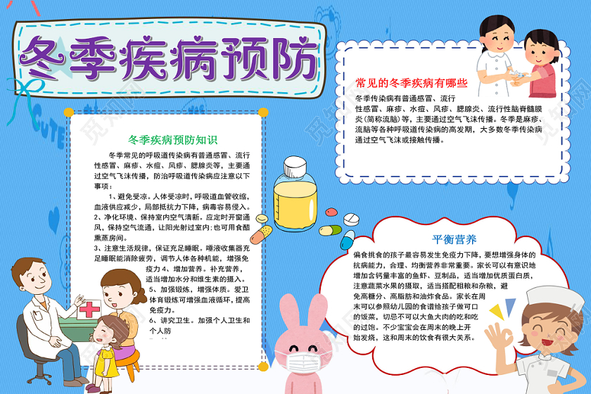 蓝色卡通冬季疾病预防小报手抄报word模板
