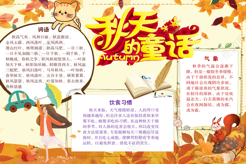 简约小清新秋天的童话枫叶秋天手抄报Word模板