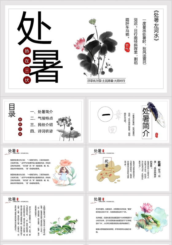 黑白水墨风二十四节气之处暑节气介绍PPT模板