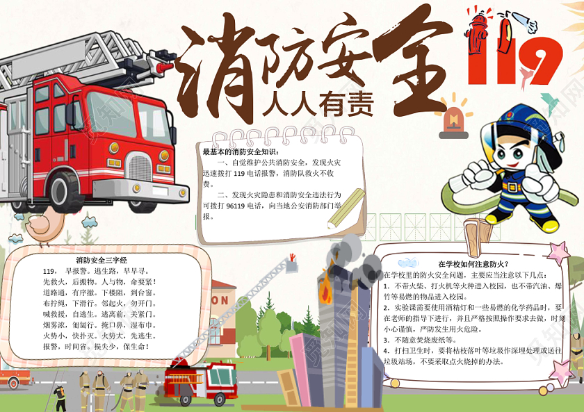 消防安全人人有责小学生手抄报word模板