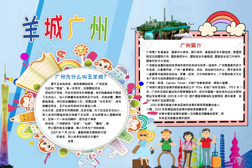 蓝色旅游之羊城广州手抄报小报word模板