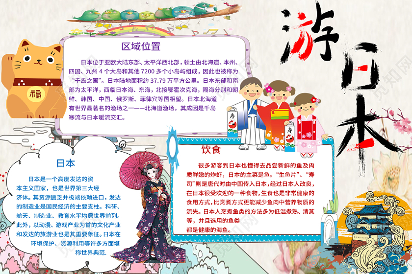 黄色旅游之游日本手抄报小报word模板