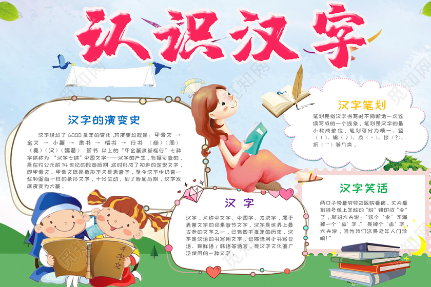 彩色卡通儿童传统文化认识汉字手抄报Word模板