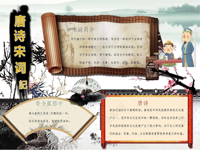 中国古风卡通人物边框水墨画手抄报WORD模板