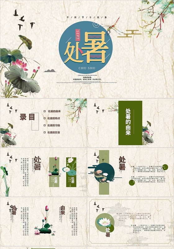中国风绿色小清新二十四节气处暑节日介绍ppt模