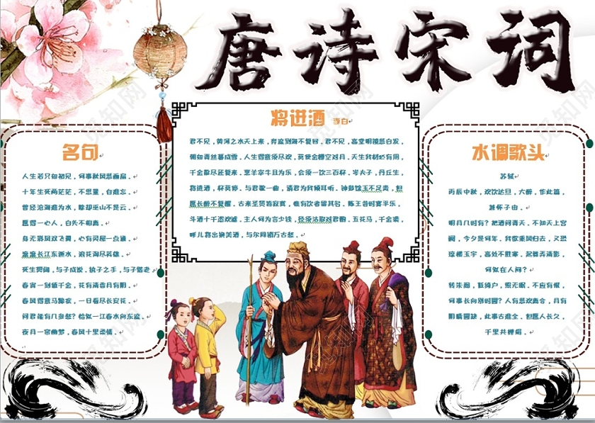 儿童卡通简约中国风唐诗宋词传统文化手抄报Word模板