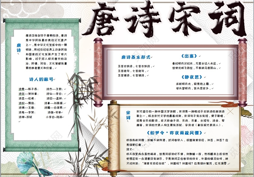 儿童卡通大气中国风唐诗宋词传统文化手抄报Word模板