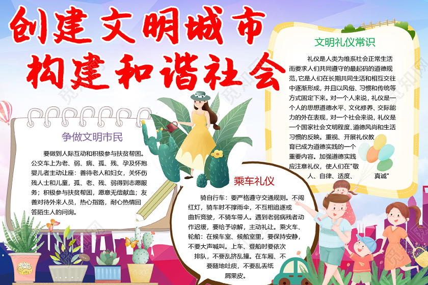 炫彩卡通创建文明城市手抄报word模板
