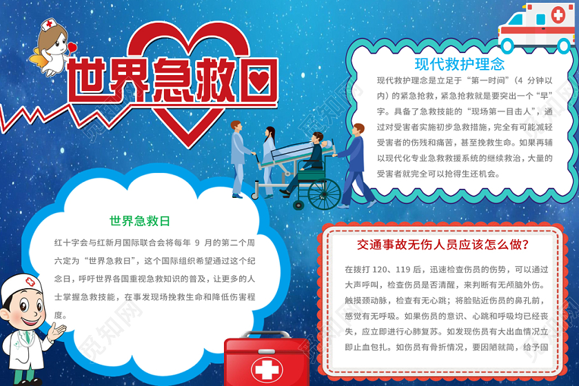 蓝色简约清新世界急救日公益word手抄报模板
