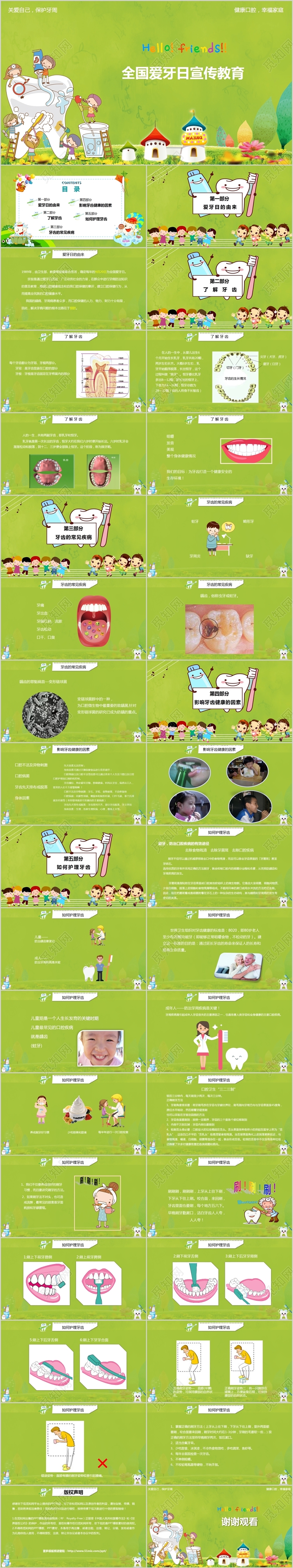 草绿色儿童卡通关爱自己保护牙周全国爱牙日宣传教育PPT 模板
