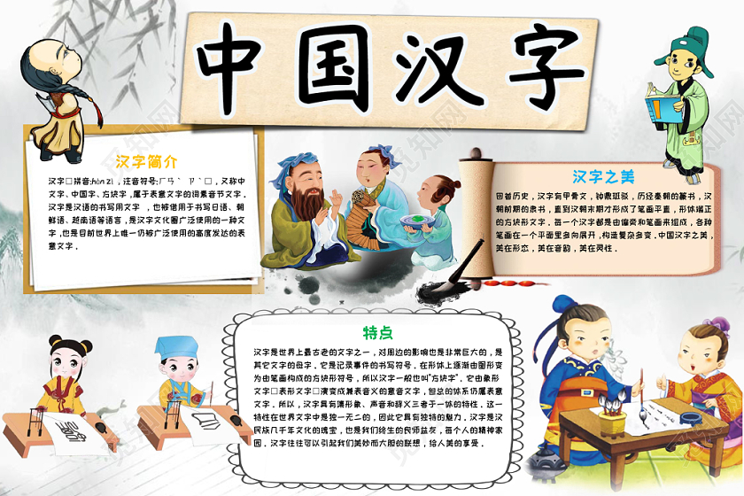 水墨画古风卡通中国汉字小报word手抄报模板