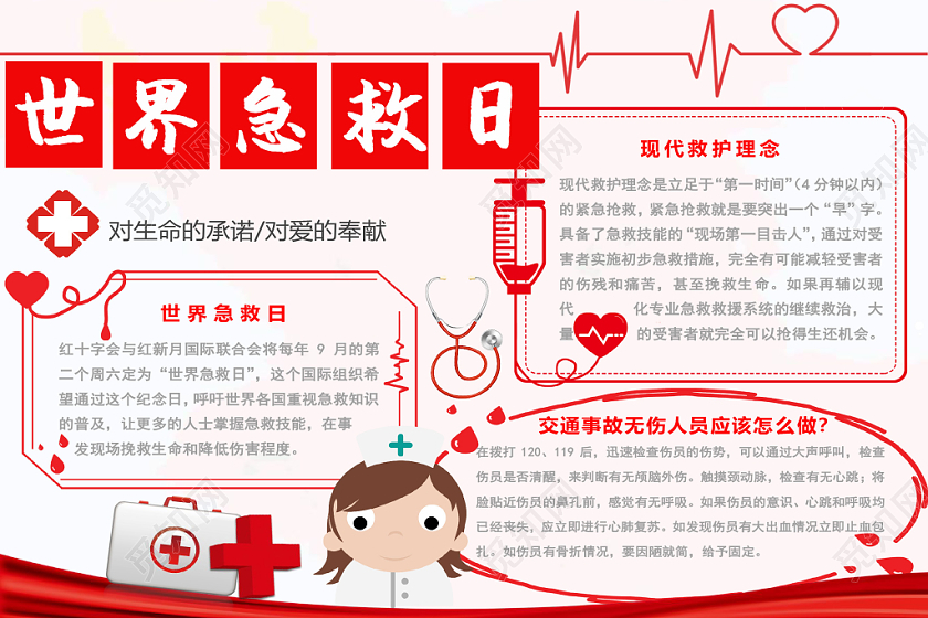 红色简约世界急救日手抄报word模板