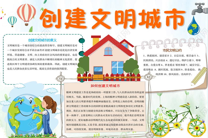 简约小清新创建文明城市手抄报Word模板