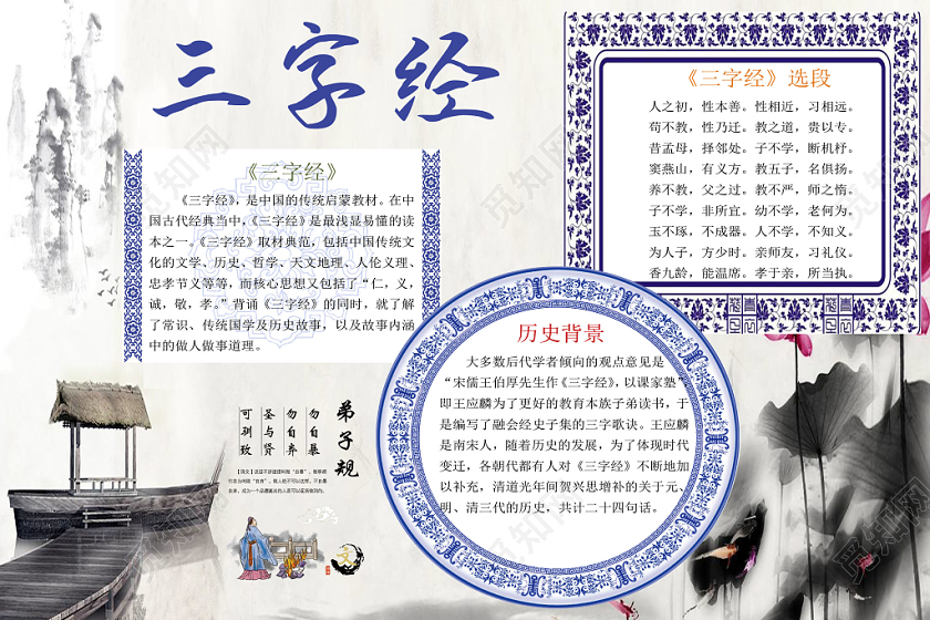 古风中国风中华传统国粹三字经word模板