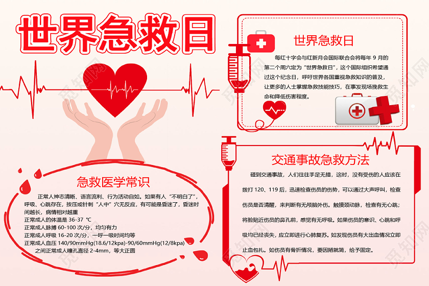 红色清新简约世界急救日手抄报word模板