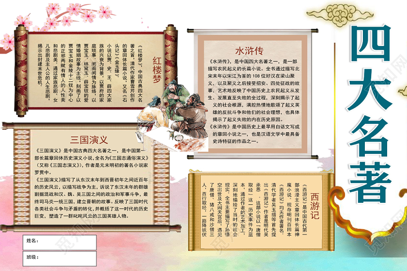中国风四大名著手抄报word模板