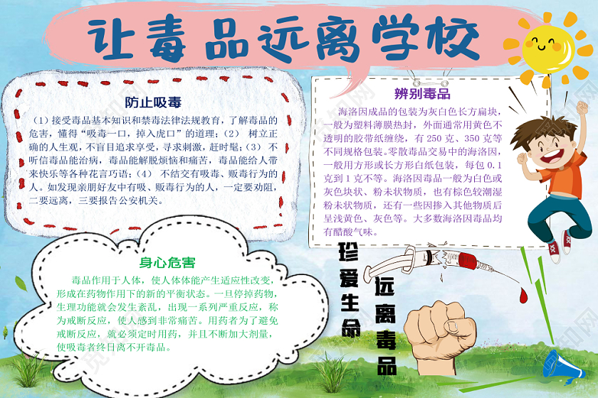 卡通可爱让毒品远离学校手抄报word模板