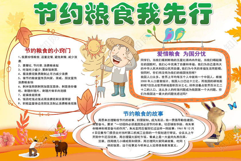 黄色卡通节约粮食我先行手抄报word模板
