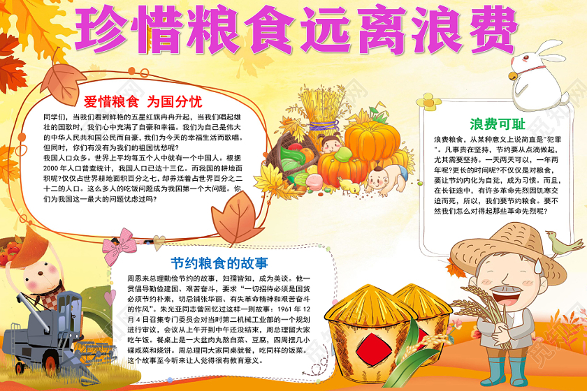 黄色卡通珍惜粮食远离浪费手抄报word模板