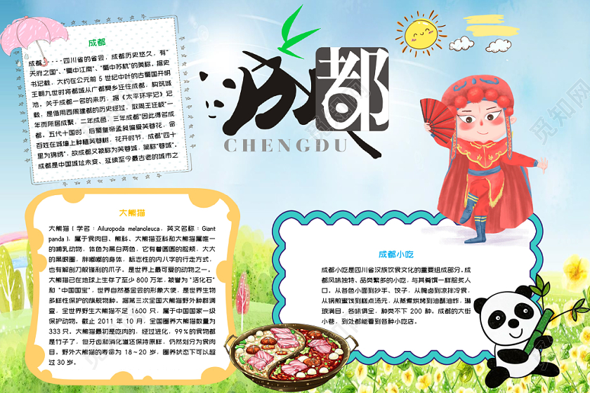 蓝色卡通成都旅游成都小报word手抄报模板